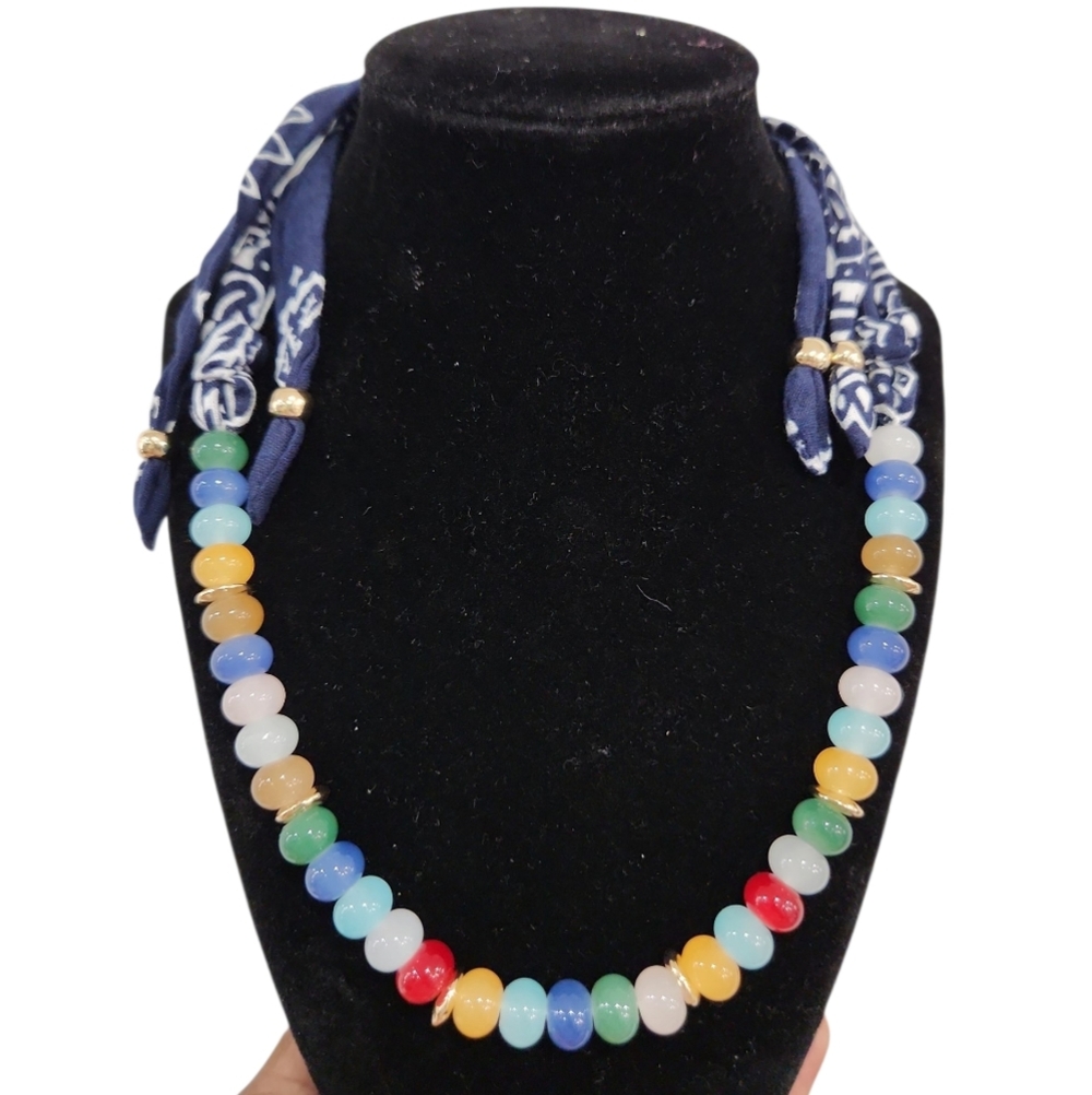 💙▪️Atterri ▪️multicolor Beaded Adjustable Up To 27" Blue Bandana Scarf Necklace